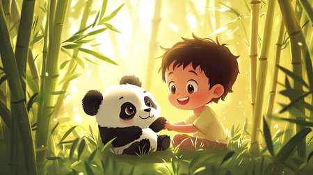 A cheerful cartoon child playing with a baby panda, with plenty of room for text in the bamboo forest.の素材