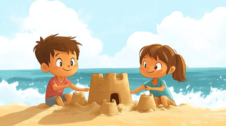 A playful cartoon boy and girl building a sandcastle at the beach, with room for text in the ocean waves.の素材