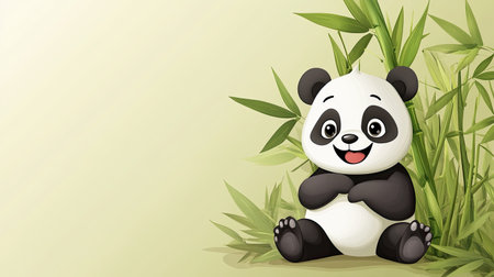 A cheerful cartoon panda sitting with bamboo, surrounded by green leaves with room for text in the background.の素材