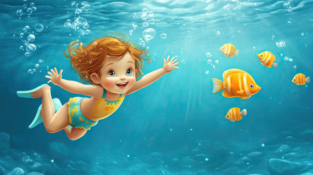 A playful cartoon child swimming with fish, with room for text in the underwater scene.の素材