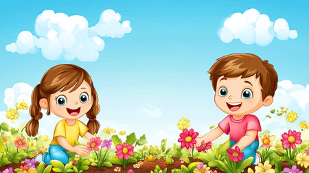 A cheerful cartoon boy and girl planting flowers in a garden, with room for copy in the sky above.の素材