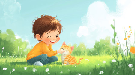 A cheerful cartoon child playing with a kitten, with ample space for copy in the grassy yard.の素材
