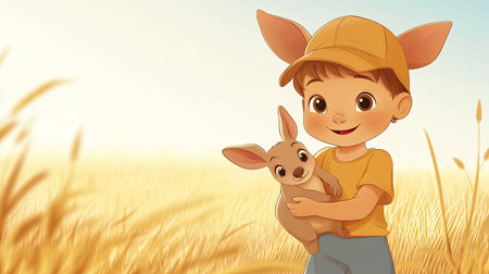 A cheerful cartoon child holding a baby kangaroo, with space for copy in the Australian outback.の素材