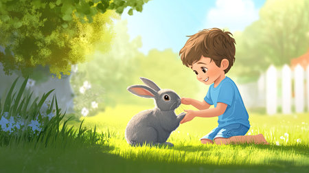 A happy cartoon child petting a friendly rabbit, with plenty of copy space in the grassy yard.の素材