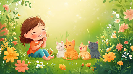 A cheerful cartoon child playing with kittens in the garden, with space for copy in the surrounding flowers.の素材
