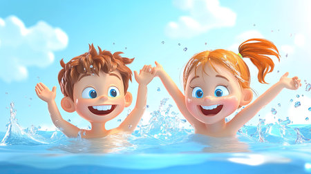 A smiling cartoon boy and girl splashing in a swimming pool, with plenty of room for copy in the sky.の素材