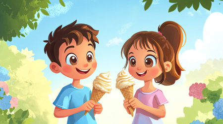 A playful cartoon boy and girl holding ice cream cones on a summer day, with ample space for copy in the background.の素材