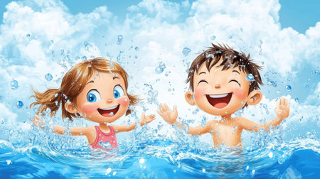 A smiling cartoon boy and girl splashing in a swimming pool, with plenty of room for copy in the sky.の素材