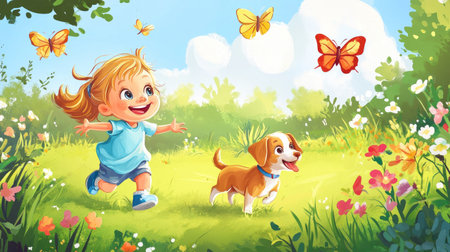 A cheerful cartoon child chasing butterflies with a puppy, with ample room for text in the garden.の素材