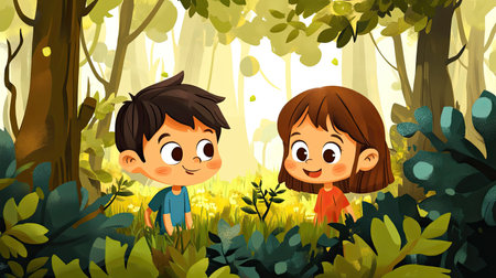A playful cartoon boy and girl playing hide-and-seek in a forest, with plenty of room for text in the trees.の素材
