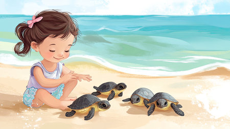 A cheerful cartoon child playing with baby turtles, with room for copy in the beach setting.の素材