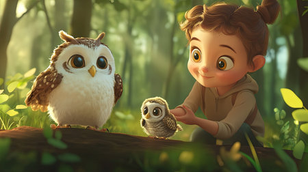 A playful cartoon child playing with a baby owl, with space for copy in the forest.の素材