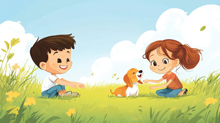 A playful cartoon boy and girl playing with a puppy, with ample space for copy in the grassy field.の素材