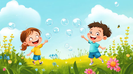 A smiling cartoon boy and girl chasing bubbles in a garden, with plenty of room for text in the sky.の素材