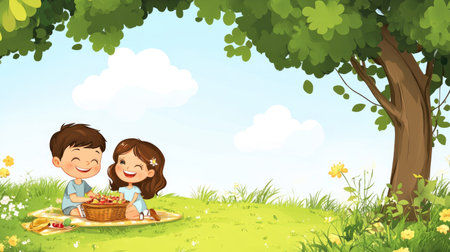 A smiling cartoon boy and girl having a picnic under a tree, with space for text in the grassy meadow.の素材
