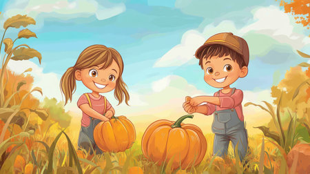 A smiling cartoon boy and girl picking pumpkins in a field, with space for copy in the autumn scenery.の素材