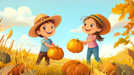 A smiling cartoon boy and girl picking pumpkins in a field, with space for copy in the autumn scenery.の素材