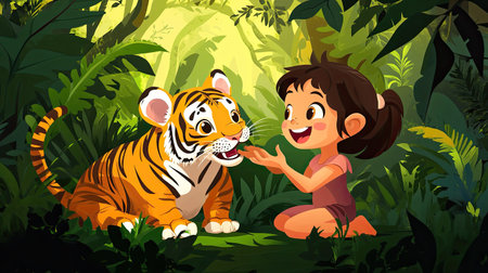 A smiling cartoon child feeding a baby tiger, with plenty of room for text in the jungle.の素材