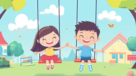 A smiling cartoon boy and girl holding hands while swinging, with space for text in the playground.の素材