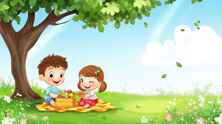 A smiling cartoon boy and girl having a picnic under a tree, with space for text in the grassy meadow.の素材