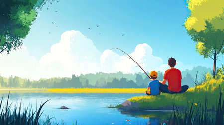 A cartoon parent and child fishing by a lake, with plenty of room for copy in the water and sky.の素材