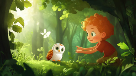 A playful cartoon child playing with a baby owl, with space for copy in the forest.の素材