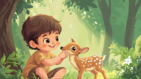 A smiling cartoon child feeding a baby deer, with room for text in the forest background.の素材