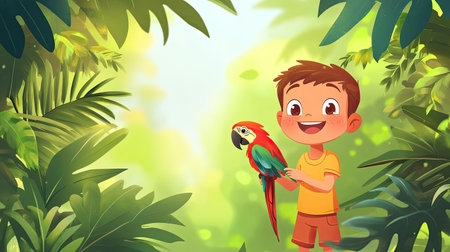A smiling cartoon child playing with a parrot, with ample space for copy in the tropical trees.の素材