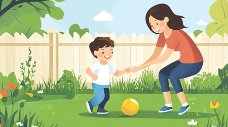 A cartoon parent and child playing with a ball in the backyard, with space for copy in the green grass.の素材