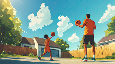 A cartoon parent and child playing basketball in the driveway, with ample space for copy in the sky.の素材
