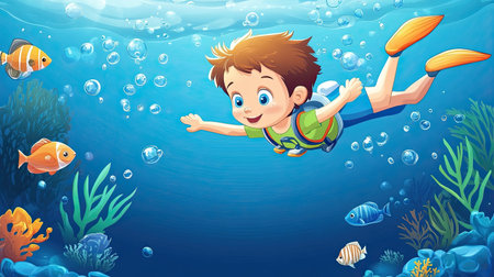 A playful cartoon child swimming with fish, with room for text in the underwater scene.の素材