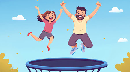 A cartoon parent and child jumping on a trampoline, with plenty of room for copy in the blue sky.の素材