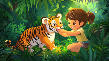 A smiling cartoon child feeding a baby tiger, with plenty of room for text in the jungle.の素材