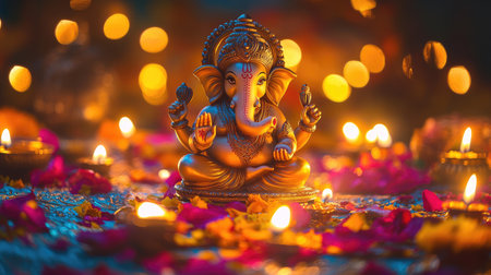 Lord Ganpati idol surrounded by colorful rangoli and lights, perfect for festive greetings during Lord Ganesha Chaturthi. Copy space for message.の素材