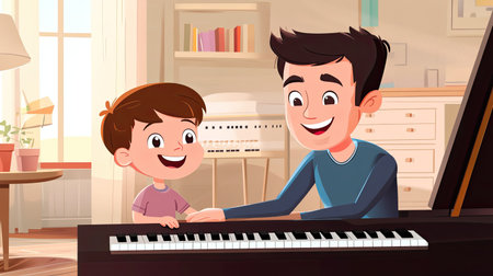 A smiling cartoon parent teaching their child to play the piano, with room for text in the music room.の素材