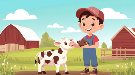 A smiling cartoon child feeding a baby calf, with room for text in the farm background.の素材