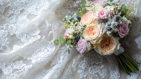 A beautiful wedding bouquet placed beside a lace veil, with room for text or branding.の素材