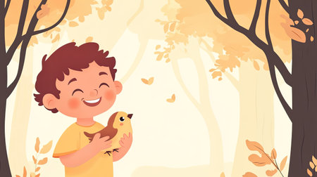 A smiling cartoon child holding a baby bird, with plenty of space for text in the trees.の素材