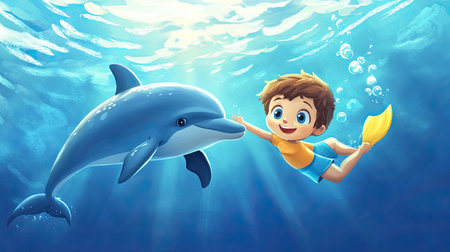 A playful cartoon child swimming with a dolphin, with ample room for text in the ocean.の素材