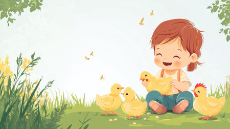 A smiling cartoon child feeding baby chicks, with space for text in the barnyard.の素材