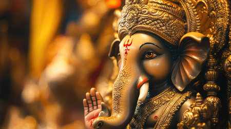 Close-up of a Ganpati idol during Ganesha Chaturthi with space for message. Divine and spiritual setting with decorative background. beec-ba71d08fcffbの素材