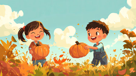 A smiling cartoon boy and girl picking pumpkins in a field, with space for copy in the autumn scenery.の素材