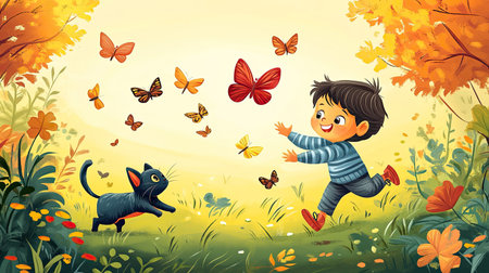 A playful cartoon child chasing butterflies with a kitten, with ample room for text in the garden.の素材