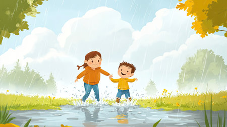A cartoon parent and child splashing in puddles on a rainy day, with plenty of room for copy in the cloudy sky.の素材
