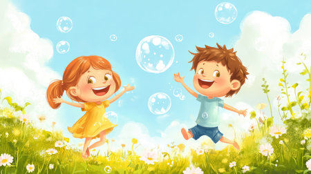 A smiling cartoon boy and girl chasing bubbles in a garden, with plenty of room for text in the sky.の素材