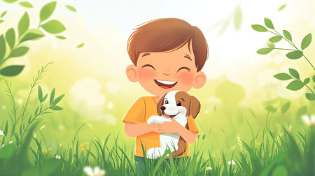 A smiling cartoon child holding a puppy, with ample room for text in the grassy park.の素材