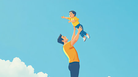 A cartoon parent lifting their child in the air, with room for copy in the clear blue sky.の素材