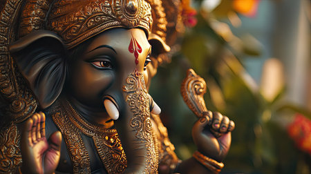 Close-up of a Ganpati idol during Ganesha Chaturthi with space for message. Divine and spiritual setting with decorative background. beec-ba71d08fcffbの素材