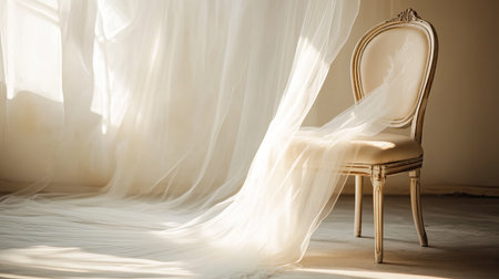 A bridal veil draped over a chair with soft light in the background. Clear space for textの素材