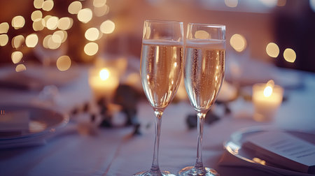 Champagne glasses on a decorated wedding table, soft lighting, with space for a message or brandingの素材